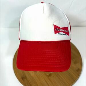 Retro Budweiser Trucker Hat, Red and White, Logo Front with Mesh Back